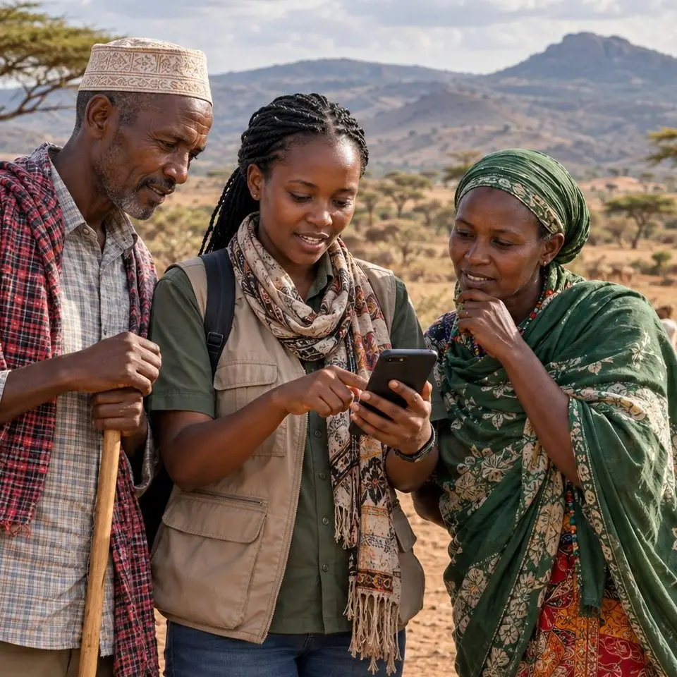 Illustration of three people reviewing a smartphone together in an East African dryland setting.